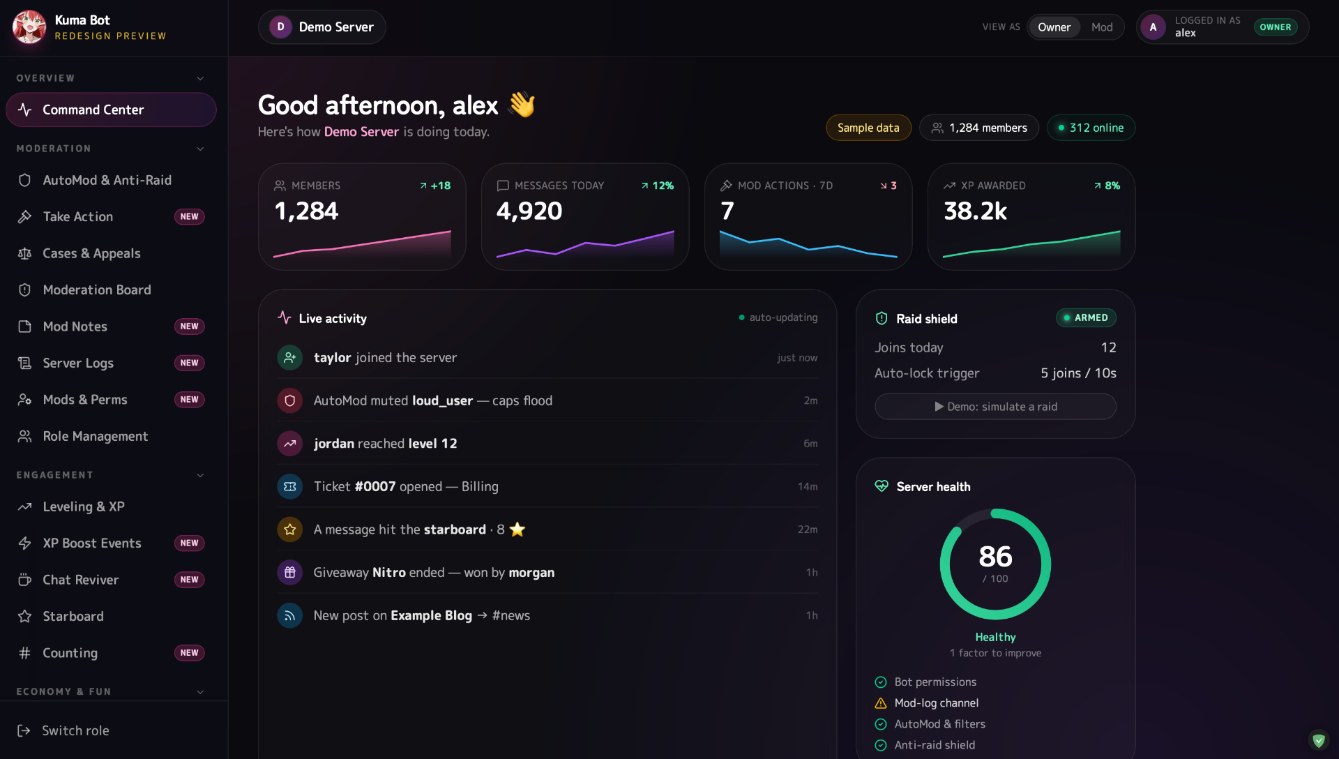Kuma Bot dashboard: live moderation, anti-raid, charts and activity feed