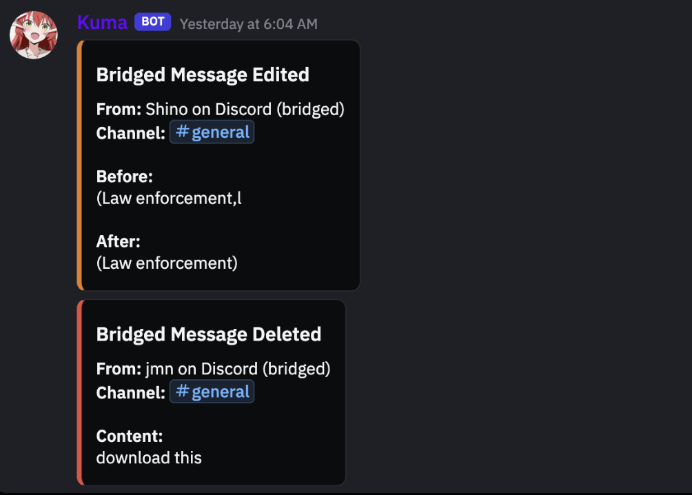Log entries showing a bridged message edited and a bridged message deleted