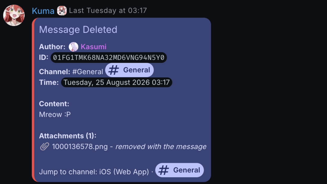 A message deletion log embed in a server's own log channel on Stoat